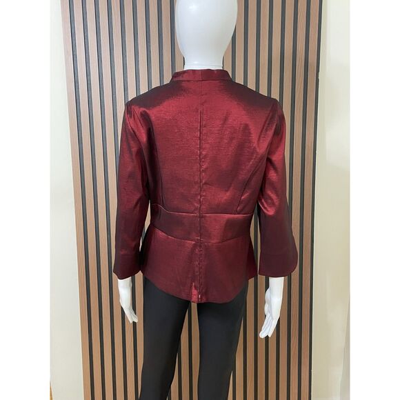 Alex Evenings Women's LP Red Blouse Polyester Top Metallic Taffeta Jewel Brooch - Picture 2 of 9